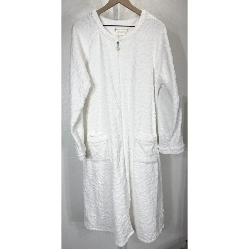 EILEEN WEST Cozy‎ Zip Up House Coat Robe Pajama White Floral Pattern Size L/XL